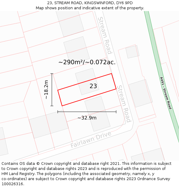 23, STREAM ROAD, KINGSWINFORD, DY6 9PD: Plot and title map