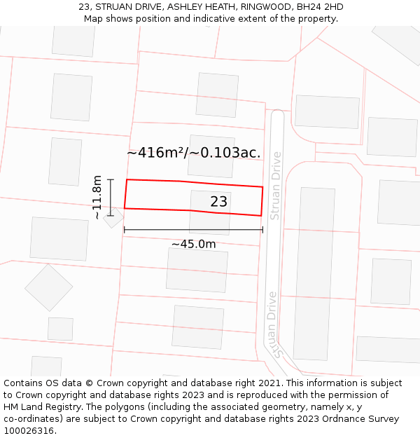 23, STRUAN DRIVE, ASHLEY HEATH, RINGWOOD, BH24 2HD: Plot and title map