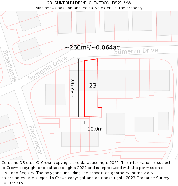 23, SUMERLIN DRIVE, CLEVEDON, BS21 6YW: Plot and title map