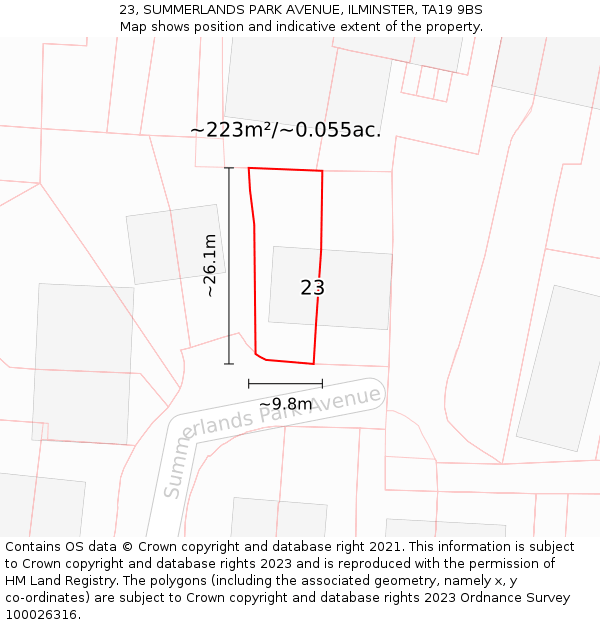 23, SUMMERLANDS PARK AVENUE, ILMINSTER, TA19 9BS: Plot and title map