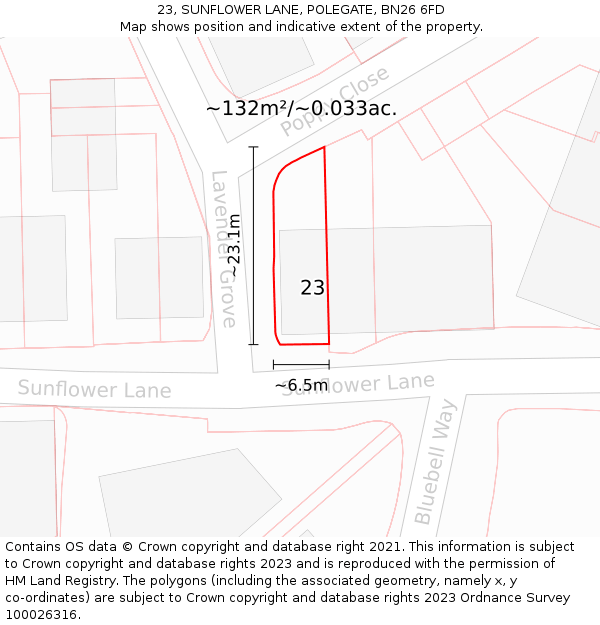 23, SUNFLOWER LANE, POLEGATE, BN26 6FD: Plot and title map