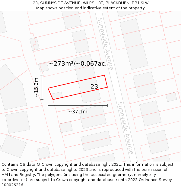 23, SUNNYSIDE AVENUE, WILPSHIRE, BLACKBURN, BB1 9LW: Plot and title map