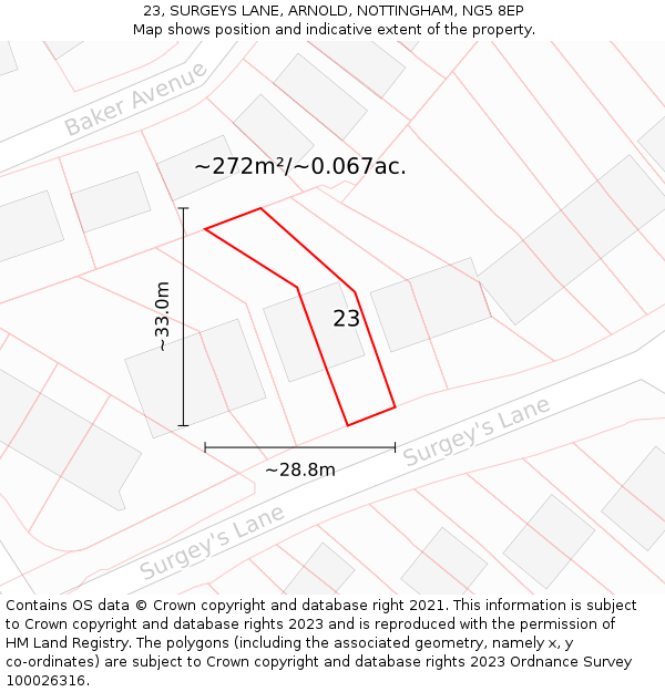 23, SURGEYS LANE, ARNOLD, NOTTINGHAM, NG5 8EP: Plot and title map