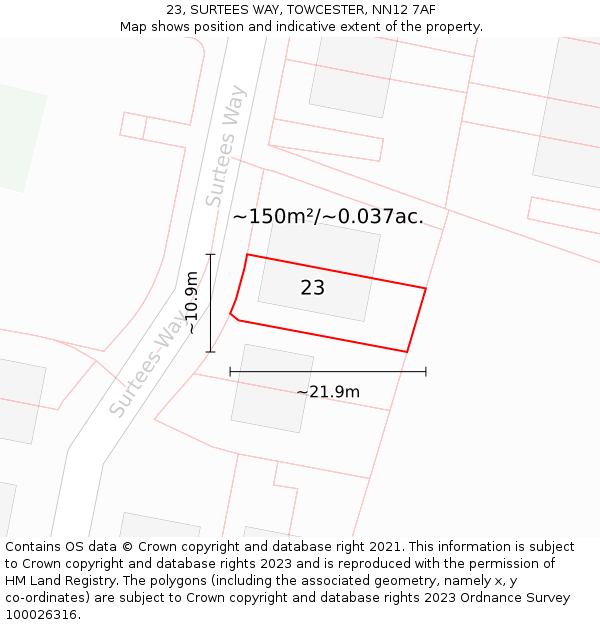 23, SURTEES WAY, TOWCESTER, NN12 7AF: Plot and title map