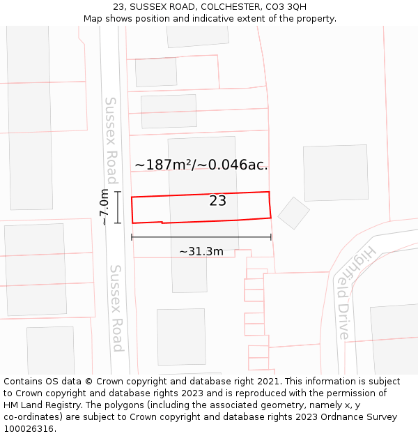 23, SUSSEX ROAD, COLCHESTER, CO3 3QH: Plot and title map