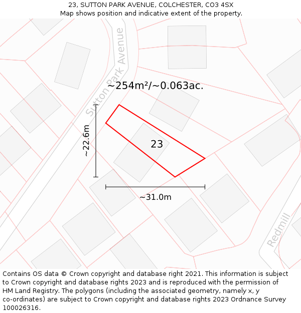 23, SUTTON PARK AVENUE, COLCHESTER, CO3 4SX: Plot and title map