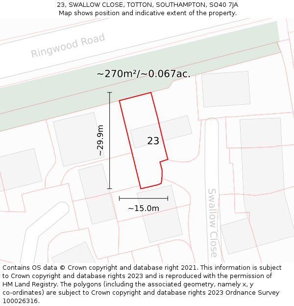 23, SWALLOW CLOSE, TOTTON, SOUTHAMPTON, SO40 7JA: Plot and title map