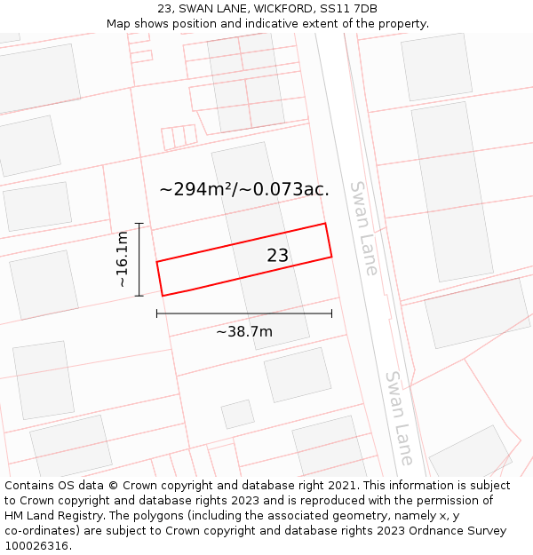 23, SWAN LANE, WICKFORD, SS11 7DB: Plot and title map