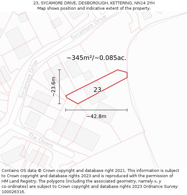 23, SYCAMORE DRIVE, DESBOROUGH, KETTERING, NN14 2YH: Plot and title map