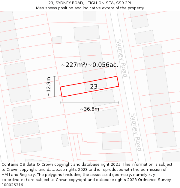 23, SYDNEY ROAD, LEIGH-ON-SEA, SS9 3PL: Plot and title map