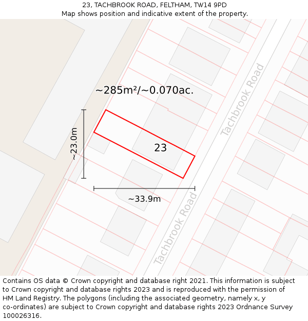 23, TACHBROOK ROAD, FELTHAM, TW14 9PD: Plot and title map