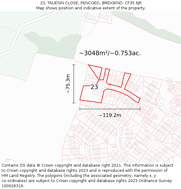 23, TALIESIN CLOSE, PENCOED, BRIDGEND, CF35 6JR: Plot and title map