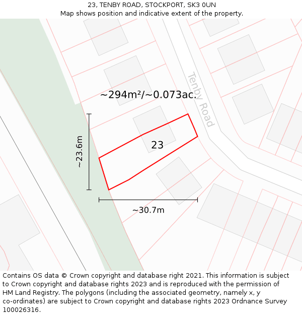 23, TENBY ROAD, STOCKPORT, SK3 0UN: Plot and title map