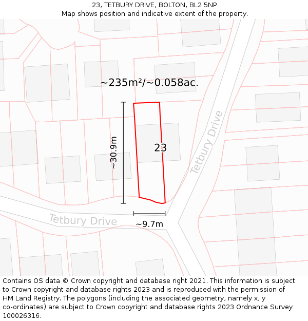 23, TETBURY DRIVE, BOLTON, BL2 5NP: Plot and title map