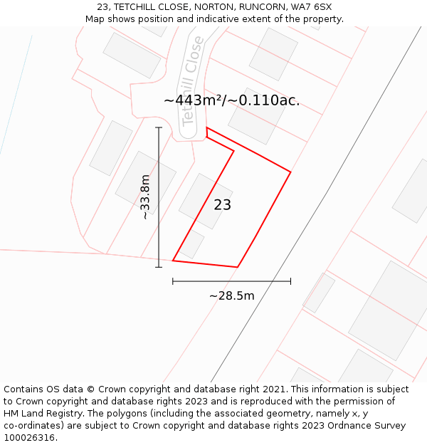 23, TETCHILL CLOSE, NORTON, RUNCORN, WA7 6SX: Plot and title map