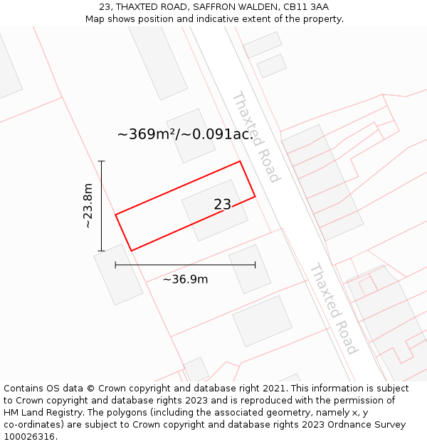 23, THAXTED ROAD, SAFFRON WALDEN, CB11 3AA: Plot and title map