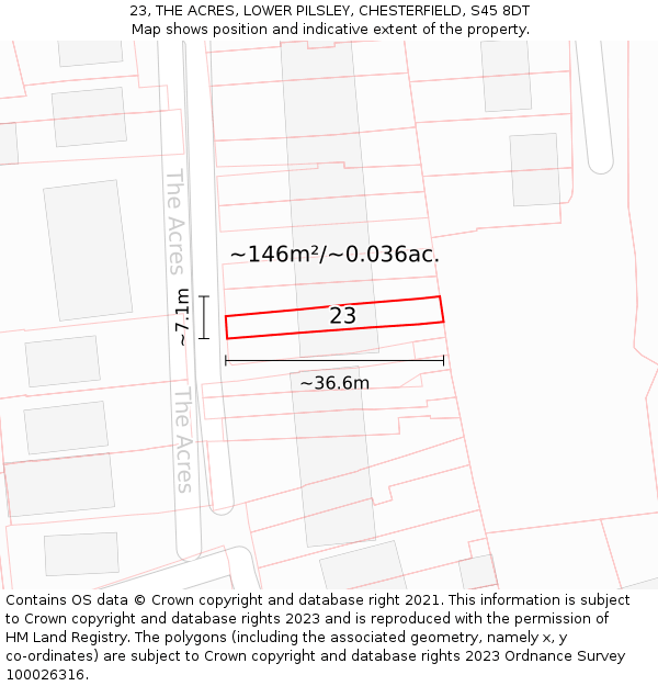 23, THE ACRES, LOWER PILSLEY, CHESTERFIELD, S45 8DT: Plot and title map