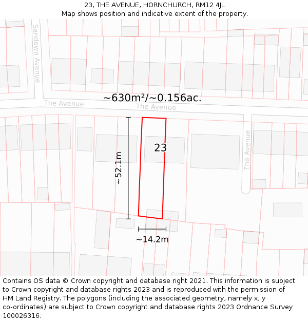 23, THE AVENUE, HORNCHURCH, RM12 4JL: Plot and title map