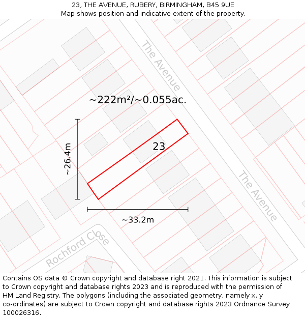 23, THE AVENUE, RUBERY, BIRMINGHAM, B45 9UE: Plot and title map