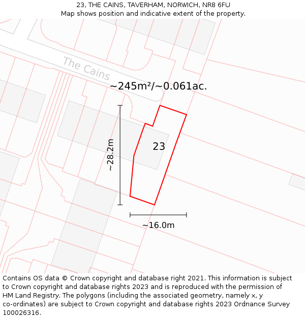 23, THE CAINS, TAVERHAM, NORWICH, NR8 6FU: Plot and title map