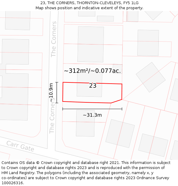 23, THE CORNERS, THORNTON-CLEVELEYS, FY5 1LG: Plot and title map