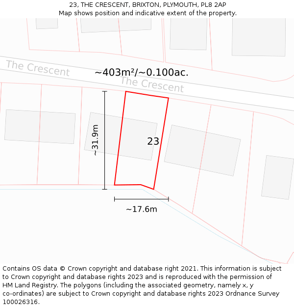 23, THE CRESCENT, BRIXTON, PLYMOUTH, PL8 2AP: Plot and title map