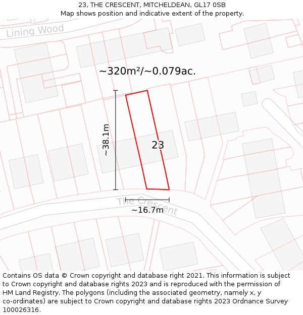 23, THE CRESCENT, MITCHELDEAN, GL17 0SB: Plot and title map