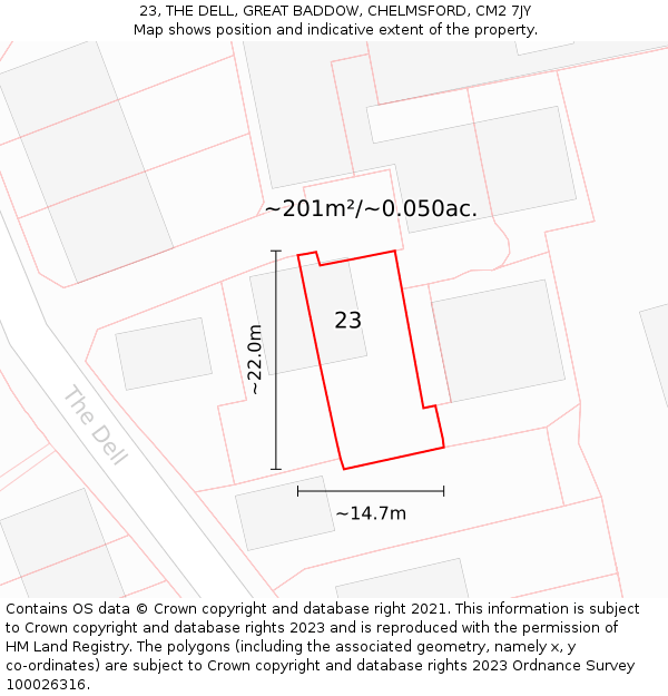 23, THE DELL, GREAT BADDOW, CHELMSFORD, CM2 7JY: Plot and title map