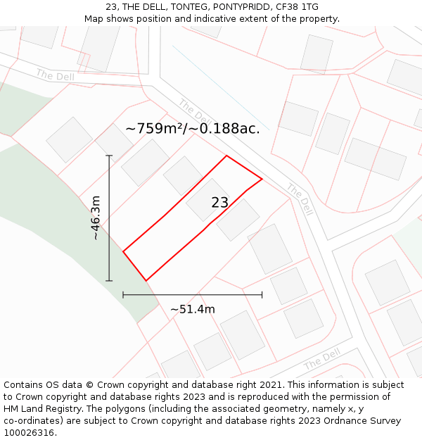 23, THE DELL, TONTEG, PONTYPRIDD, CF38 1TG: Plot and title map