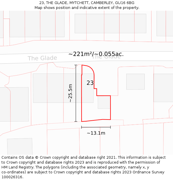23, THE GLADE, MYTCHETT, CAMBERLEY, GU16 6BG: Plot and title map