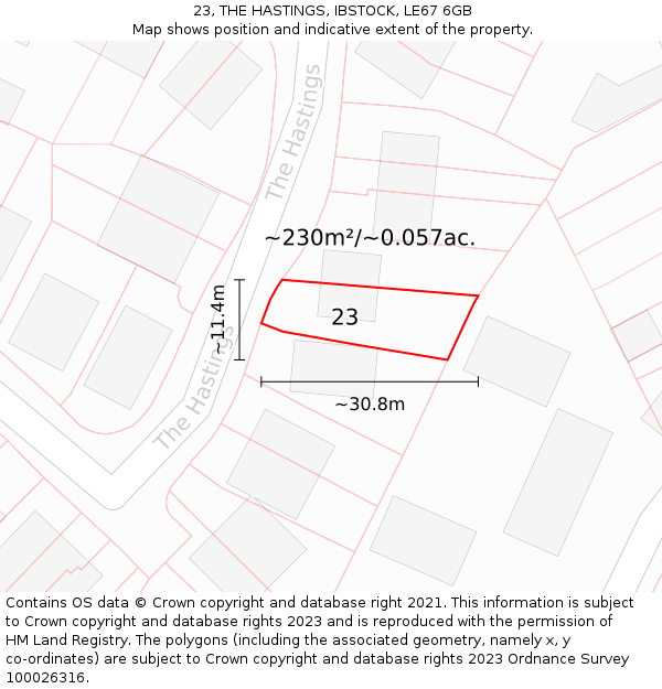 23, THE HASTINGS, IBSTOCK, LE67 6GB: Plot and title map