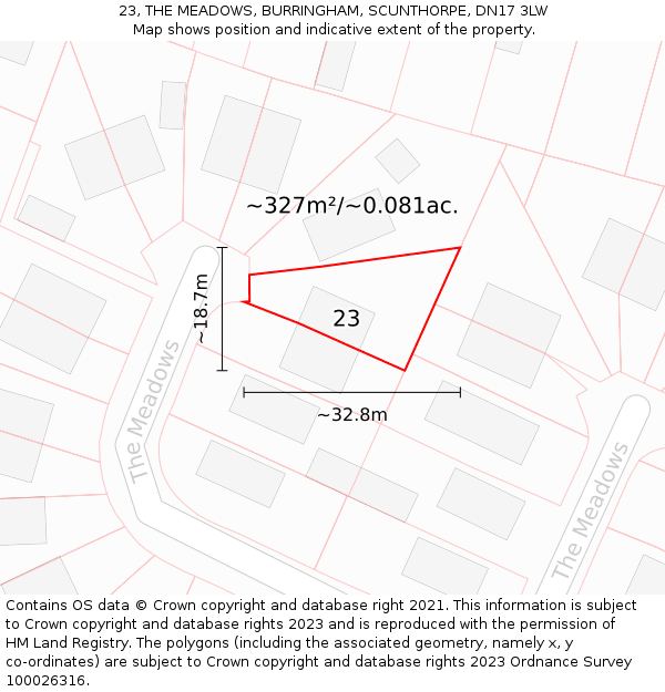 23, THE MEADOWS, BURRINGHAM, SCUNTHORPE, DN17 3LW: Plot and title map