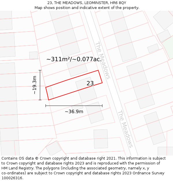 23, THE MEADOWS, LEOMINSTER, HR6 8QY: Plot and title map