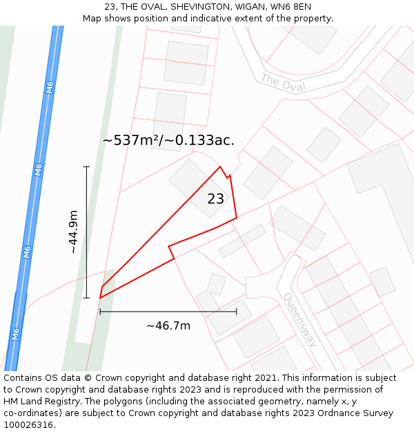 23, THE OVAL, SHEVINGTON, WIGAN, WN6 8EN: Plot and title map