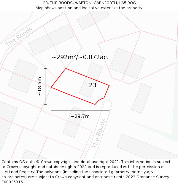 23, THE ROODS, WARTON, CARNFORTH, LA5 9QG: Plot and title map