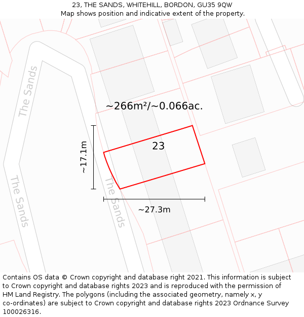 23, THE SANDS, WHITEHILL, BORDON, GU35 9QW: Plot and title map