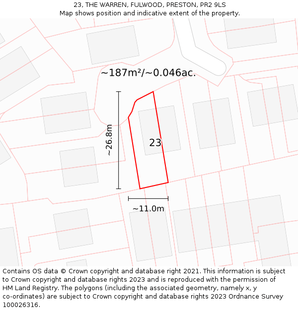 23, THE WARREN, FULWOOD, PRESTON, PR2 9LS: Plot and title map