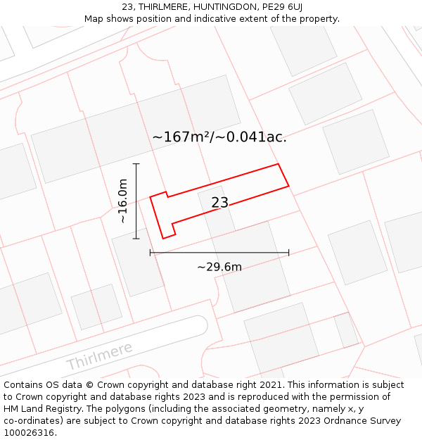 23, THIRLMERE, HUNTINGDON, PE29 6UJ: Plot and title map