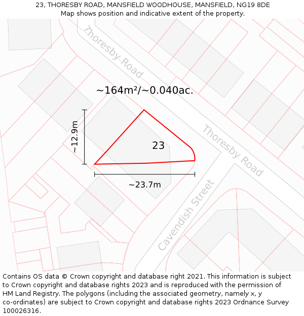 23, THORESBY ROAD, MANSFIELD WOODHOUSE, MANSFIELD, NG19 8DE: Plot and title map