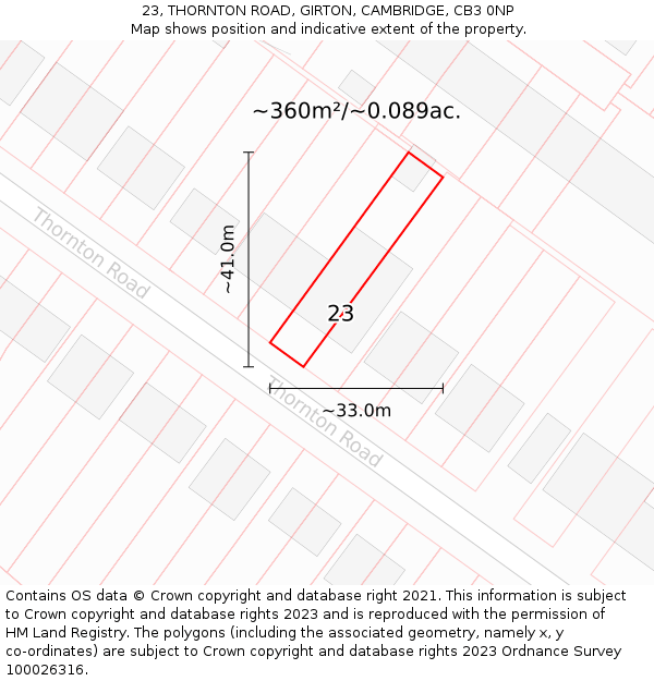 23, THORNTON ROAD, GIRTON, CAMBRIDGE, CB3 0NP: Plot and title map