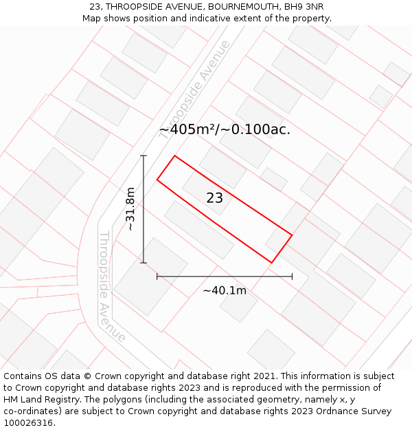 23, THROOPSIDE AVENUE, BOURNEMOUTH, BH9 3NR: Plot and title map