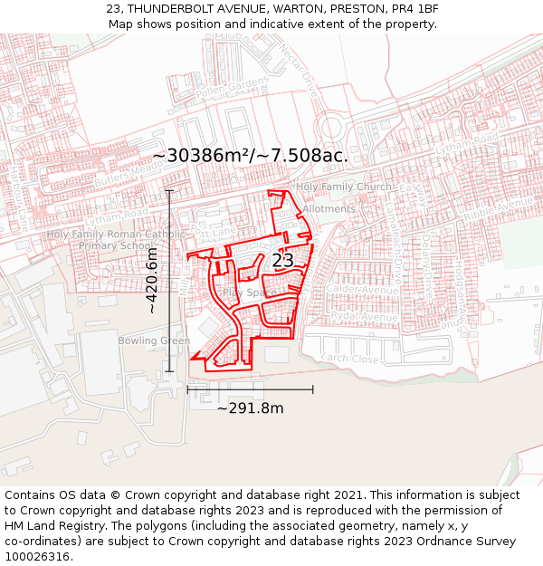 23, THUNDERBOLT AVENUE, WARTON, PRESTON, PR4 1BF: Plot and title map