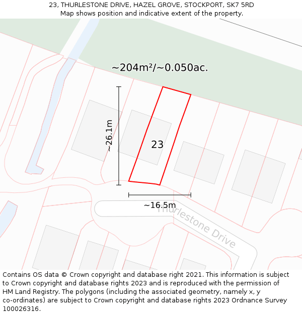 23, THURLESTONE DRIVE, HAZEL GROVE, STOCKPORT, SK7 5RD: Plot and title map