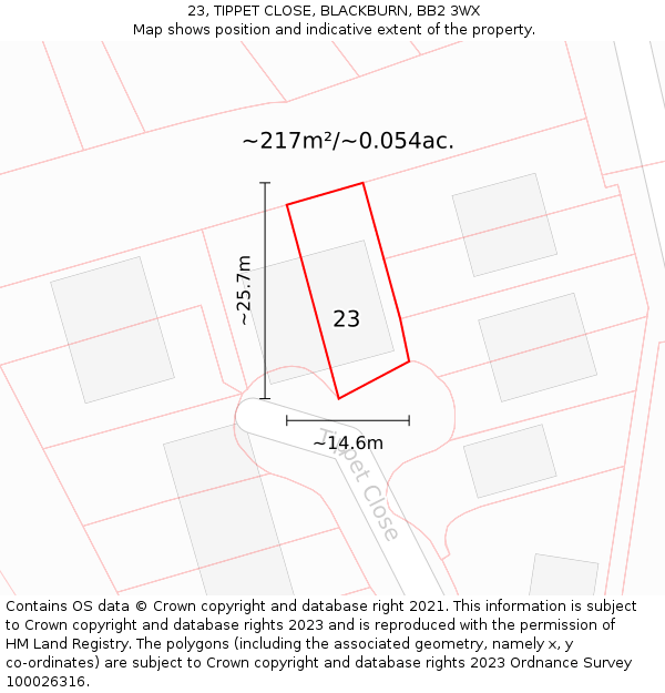 23, TIPPET CLOSE, BLACKBURN, BB2 3WX: Plot and title map