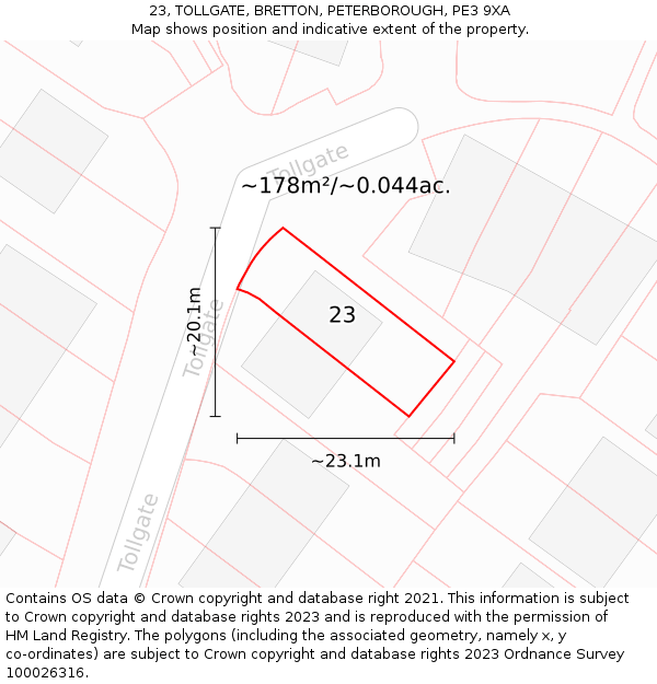 23, TOLLGATE, BRETTON, PETERBOROUGH, PE3 9XA: Plot and title map