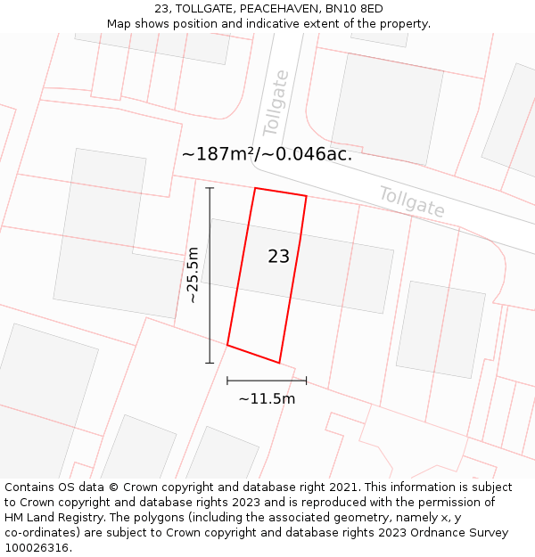 23, TOLLGATE, PEACEHAVEN, BN10 8ED: Plot and title map