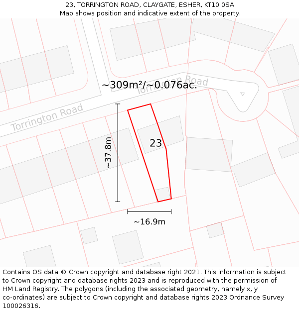 23, TORRINGTON ROAD, CLAYGATE, ESHER, KT10 0SA: Plot and title map