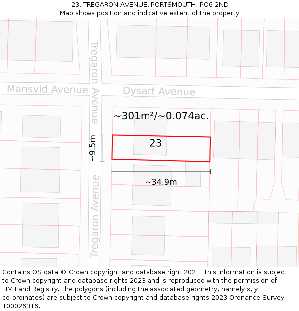 23, TREGARON AVENUE, PORTSMOUTH, PO6 2ND: Plot and title map