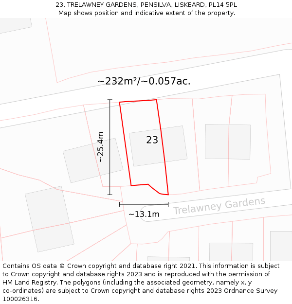 23, TRELAWNEY GARDENS, PENSILVA, LISKEARD, PL14 5PL: Plot and title map