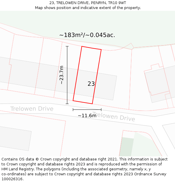 23, TRELOWEN DRIVE, PENRYN, TR10 9WT: Plot and title map